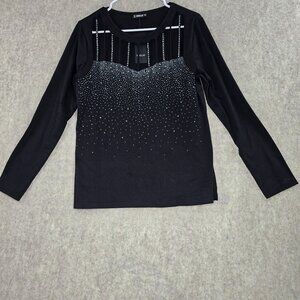 Black Rhinestone Embellished Long Sleeve Top By Sheilay Size M
